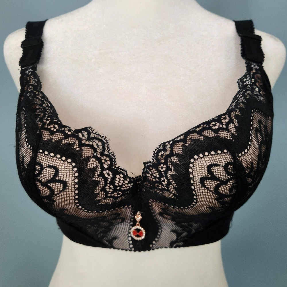 Mushiqi‎ Lace Push Up Bra Womens 34B Black Good Rhinestone Heart Pendant Floral